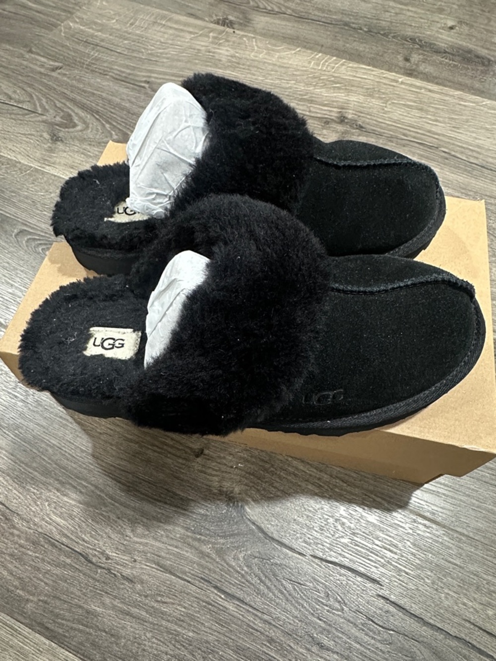 UGG Black Suede Shearling Mules